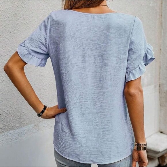 Fashion Light Blue Ruffle Sleeve Blouse, UNC Tarheels, Casual Top, M - Picture 5 of 8